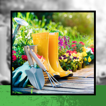 Lawn & Garden SuppliesPig Creek lawn & garden card Flower beds yellow rubber boots and garden tools on wooden walkway